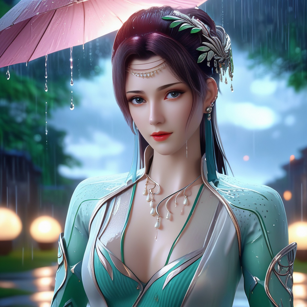 <lora:786-DA-XL-斗破苍穹-云韵-绿服:0.8>, (,1girl, ,best quality, ),looking at viewer, ,ultra detailed 8k cg,            cinematic lighting, cinematic bloom, (( , )),,  , unreal, science fiction,  luxury, jewelry, diamond, pearl, gem, sapphire, ruby, emerald, intricate detail, delicate pattern, charming, alluring, seductive, erotic, enchanting, hair ornament, necklace, earrings, bracelet, armlet,halo,masterpiece, (( , )),, realistic,science fiction,mole, ,cherry blossoms,(((, , ultra high res, (photorealistic:1.4), raw photo, 1girl, wet clothes, rain, sweat, ,wet, )))(( , ))   (cleavage),,  (),