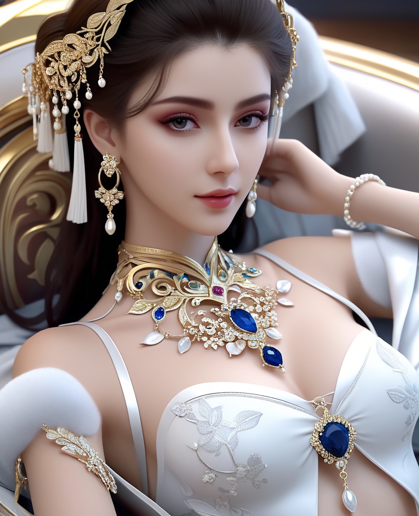 <lora:588-DA-XL-梦塔·雪谜城-白亦君:0.8>(,1girl, ,best quality, ),looking at viewer,masterpiece, ((((1girl, solo , lying, )))) (cleavage), (), ,ultra realistic 8k cg,   clean, masterpiece,      (( , )),,  , unreal, science fiction, luxury, jewelry, diamond, gold, pearl, gem, sapphire, ruby, emerald, intricate detail, delicate pattern, charming, alluring, seductive, erotic, enchanting, hair ornament, necklace, earrings, bracelet, armlet,halo,(cleavage),, (),