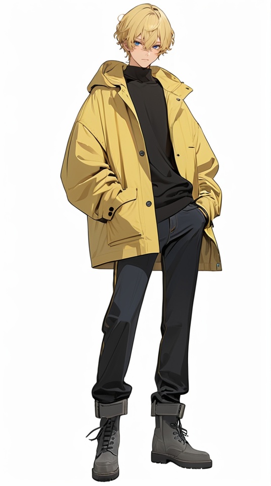 (best quality), ((masterpiece)), (highres), illustration, original, extremely detailed . <lora:日式动漫人设BOY版XL:0.8>jjj, solo, 1boy, male focus, blonde hair, white background, pants, full body, black pants, simple background, hands in pockets, standing, looking at viewer, blue eyes, hair between eyes, short hair, yellow jacket, black shirt, closed mouth, sweater, black sweater, coat, shirt, black footwear, grey footwear, shoes, yellow coat, jacket, long sleeves, bangs, turtleneck, boots