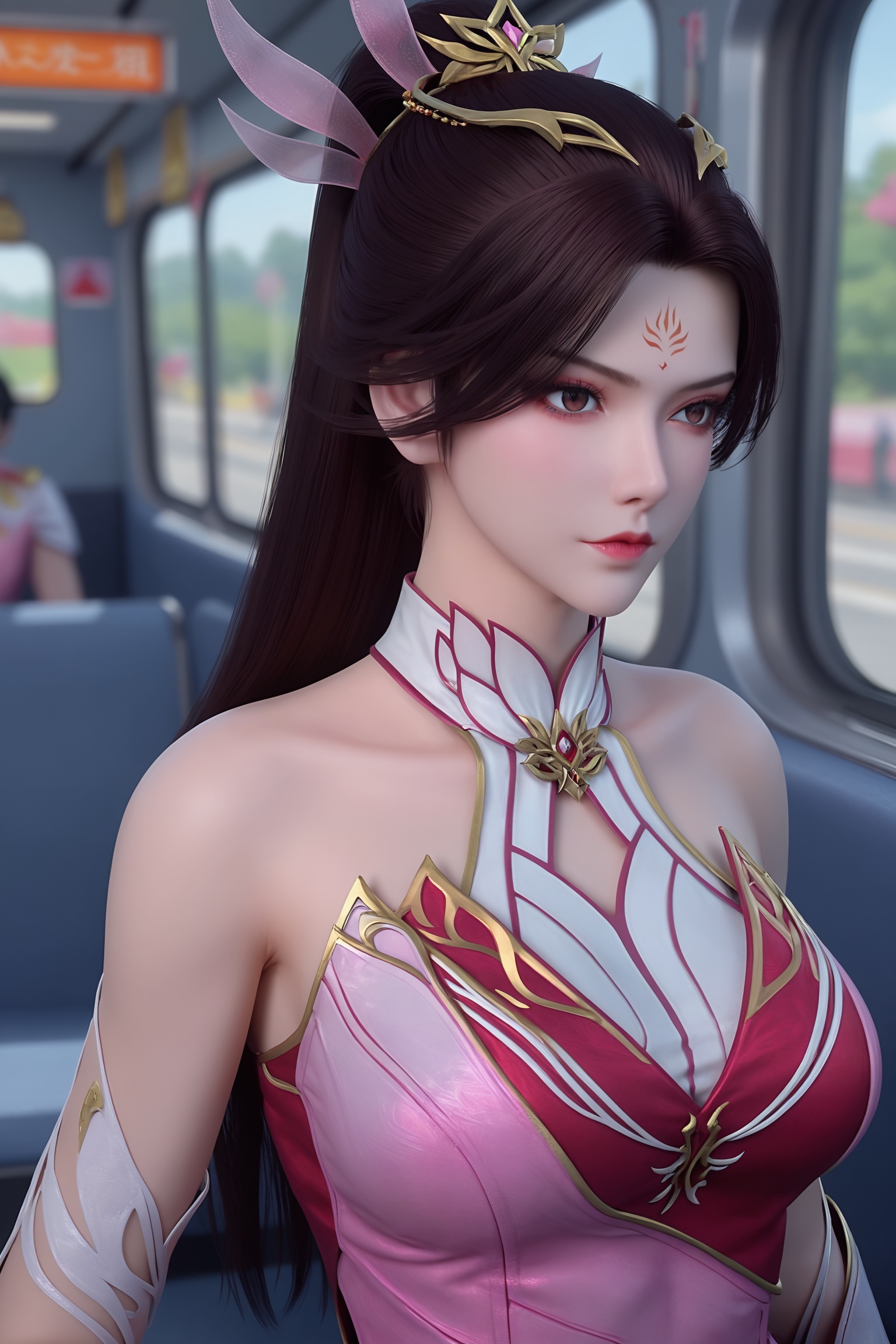 solo,1girl,solo focus,(perfect_anatomy:1.1),(upper_body:1.2),(portrait:1.1),sitting,(train_interior:1.1),(blurry_background:1.2),score_9,<lora:斗破苍穹-花宗-花锦:0.7>,long,black hair,high ponytail,golden crown,white dress that transitions into a deep pink color towards the bottom.high slit,golden,high collar,pointed shoulder pads.,