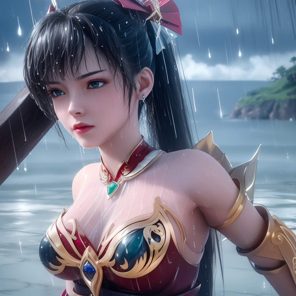 <lora:799-DA-神墓-楚钰:0.8>, (,1girl, ,best quality, ),, ,ultra detailed 8k cg,   ,masterpiece((((1girl, solo,  , ,solo focus, wet,sweat, ocean,rain, water drop, )))) (, , sweatdrop, flying sweatdrops, sweating profusely,colorful drop \(module\), )   clean, masterpiece,     cinematic lighting, cinematic bloom,   , unreal, science fiction, luxury, jewelry, diamond, gold, pearl, gem, sapphire, ruby, emerald, intricate detail, delicate pattern, charming, alluring, seductive, erotic, enchanting, hair ornament, necklace, earrings, bracelet, armlet,halo,