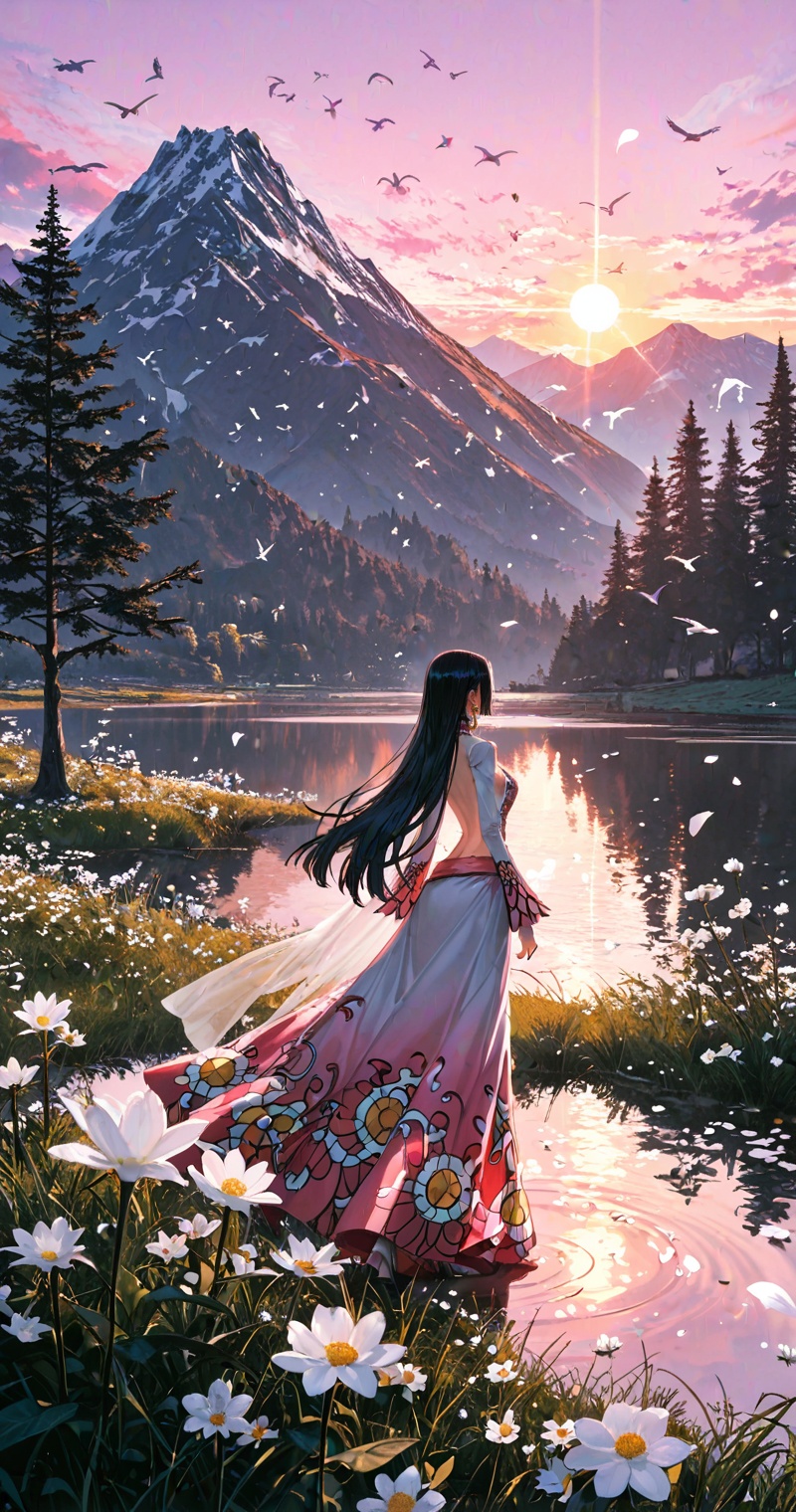 boa hancock one piece,boa hancock (one piece),boa hancock,one piece,snake earrings,gradient pink sky,XUER guangying,scenery,sky,outdoors,tree,cloud,mountain,flower,reflection,lake,water,sunset,grass,nature,mountainous horizon,landscape,sun,white flower,sunlight,bird,petals,close-up details,outstanding style,adding a touch of dimension to your images without compromising details,whirls of vapor,iridescent textures,(Anime:1.1),ethereal ambiance,delicate details,magical high-concept,32K UHD,sharp focus,best-quality,masterpiece,golden hour,unconventional supreme masterpiece,masterful details,temperate atmosphere,with a high-end texture,in the style of fashion photography,photography,cover,dynamic angle,dynamic posture,(artist:quasarcake:0.8),extreme aesthetic,(wlop:0.6),(honjou raita, lack, rella:0.5, wanke),masterpiece,best quality,good quality,very aesthetic,absurdres,visual impact,a shot with tension,ultra-high resolution,32K UHD,sharp focus,best-quality,masterpiece,emotionalization,unconventional supreme masterpiece,masterful details,temperate atmosphere,with a high-end texture,in the style of fashion photography,(visual impact:1.2),giving the poster a dynamic and visually striking appearance,impactful picture,official art,colorful,splash of color,movie perspective,masterpiece,best quality,amazing quality,very aesthetic,absurdres,best quality,newest,