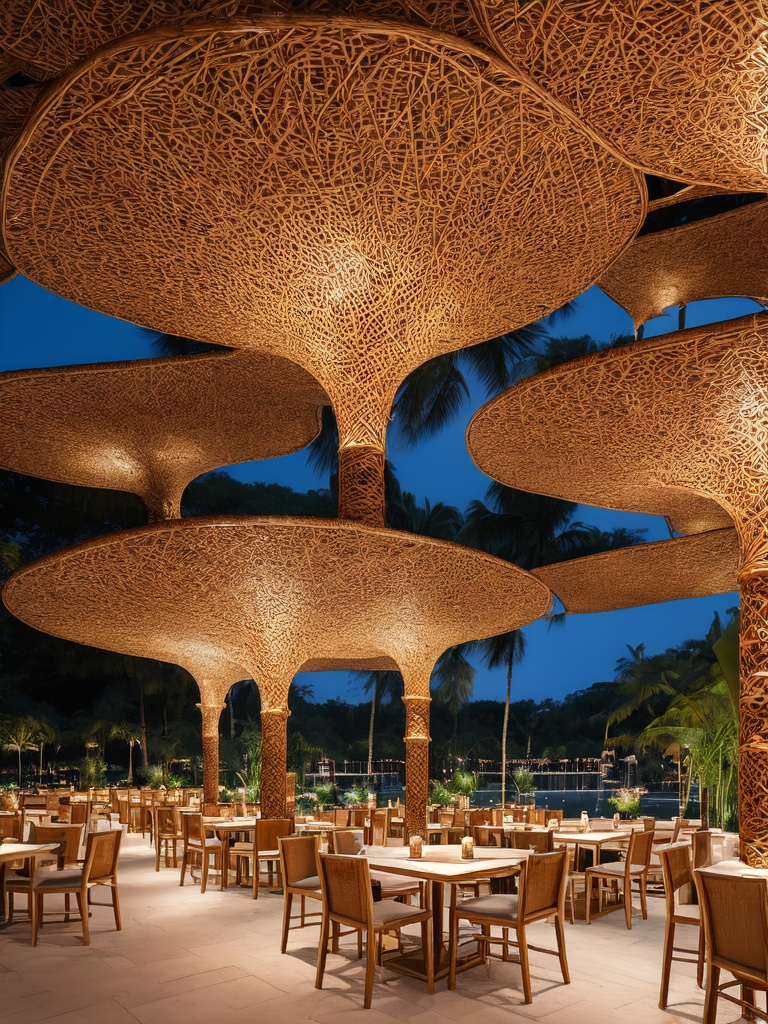 Best quality,masterpiece,ultra detailed,complex architecture,RAW simulation photos,art station trends,wide-angle photos,depth of field,<lora:20240102-1704177466587:0.6>,restaurant,made of rattan,granule,aerial view,a villa,made of rattan,dusk,lamplight,