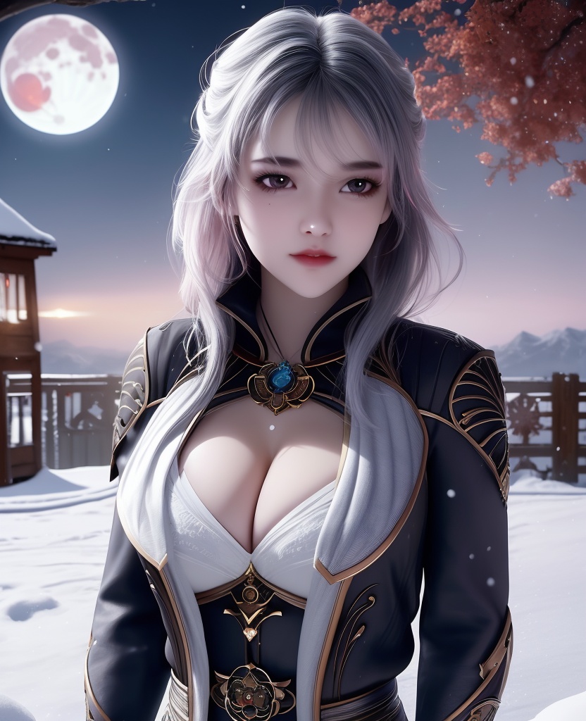<lora:558-DA-斗罗大陆-王冬:0.8>(,1girl, ,best quality, ),looking at viewer,masterpiece, (( , )),, realistic,science fiction,mole, ultra realistic 8k cg, ,      ,outdoors, snow, snowing, snow on head, sun,sunset,sunlight,moonlight,full moon, red moon,  crescent moon,  crescent rose,  black rose,       (cleavage), (),
