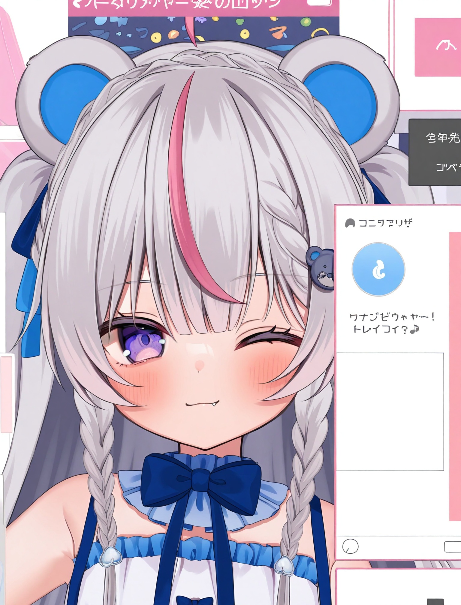 masterpiece,absurdres,best quality,loli,petite,high quality,chromatic_aberration,//,1girl,virtual_youtuber,bear_ears,one_eye_closed,animal_ears,solo,braid,purple_eyes,long_hair,multicolored_hair,pink_hair,bear_girl,blue_bow,smile,blush,looking_at_viewer,bow,grey_hair,hair_ornament,blue_bowtie,bowtie,bare_shoulders,streaked_hair,dress,closed_mouth,two_side_up,ribbon,white_dress,fang,//,<lora:nuhutya——【noob】hans:1>,