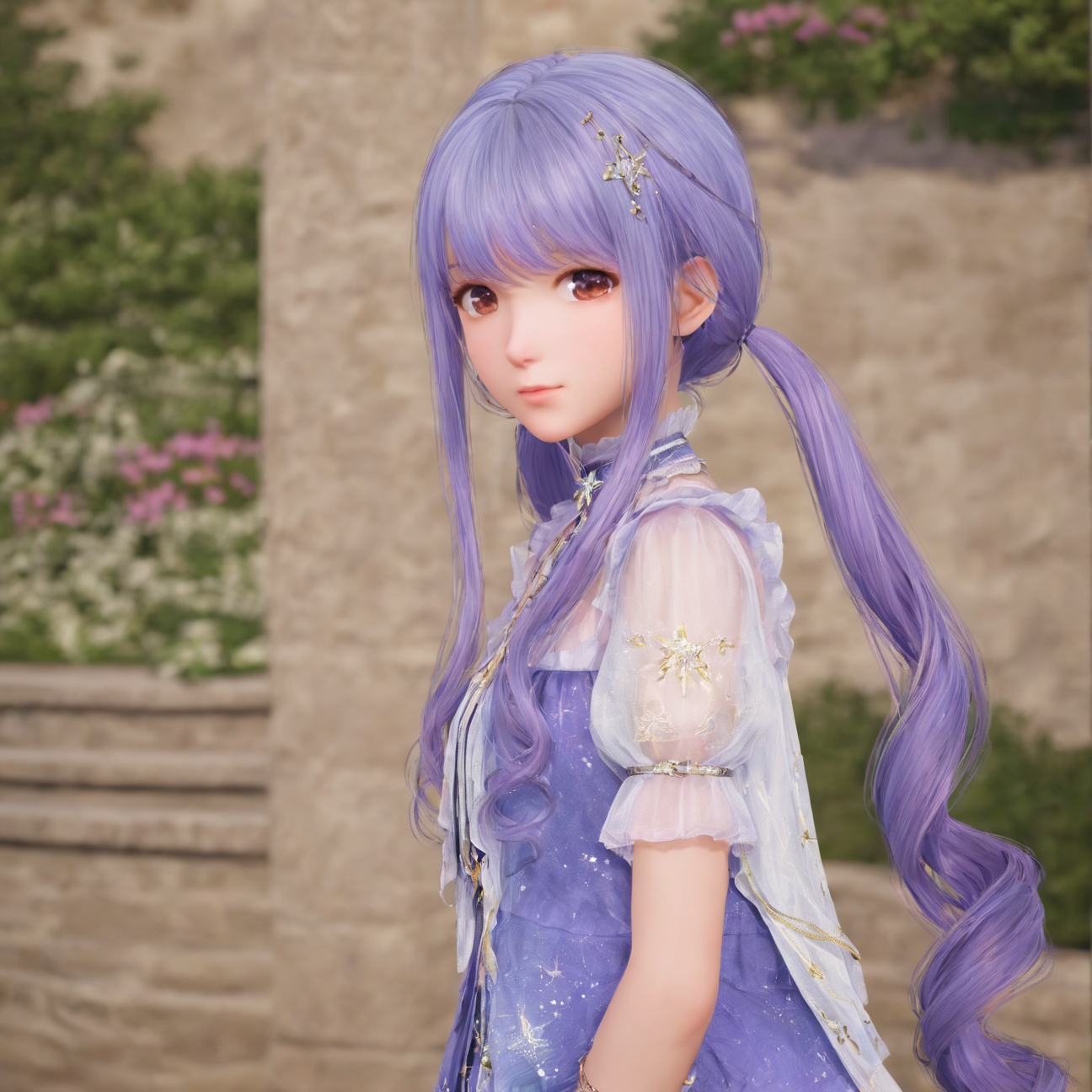 <lora:nikki:0.8>,nikki,1girl,twintails,long hair,jewelry,dress,blue hair,bracelet,hair ornament,brown eyes,short sleeves,purple hair,bangs,face to face,purple dress,(simple background:1.5),blurry background,gradient background,looking at viewer,arms behind back,(head tilt:1.3),indoors,looking back, 