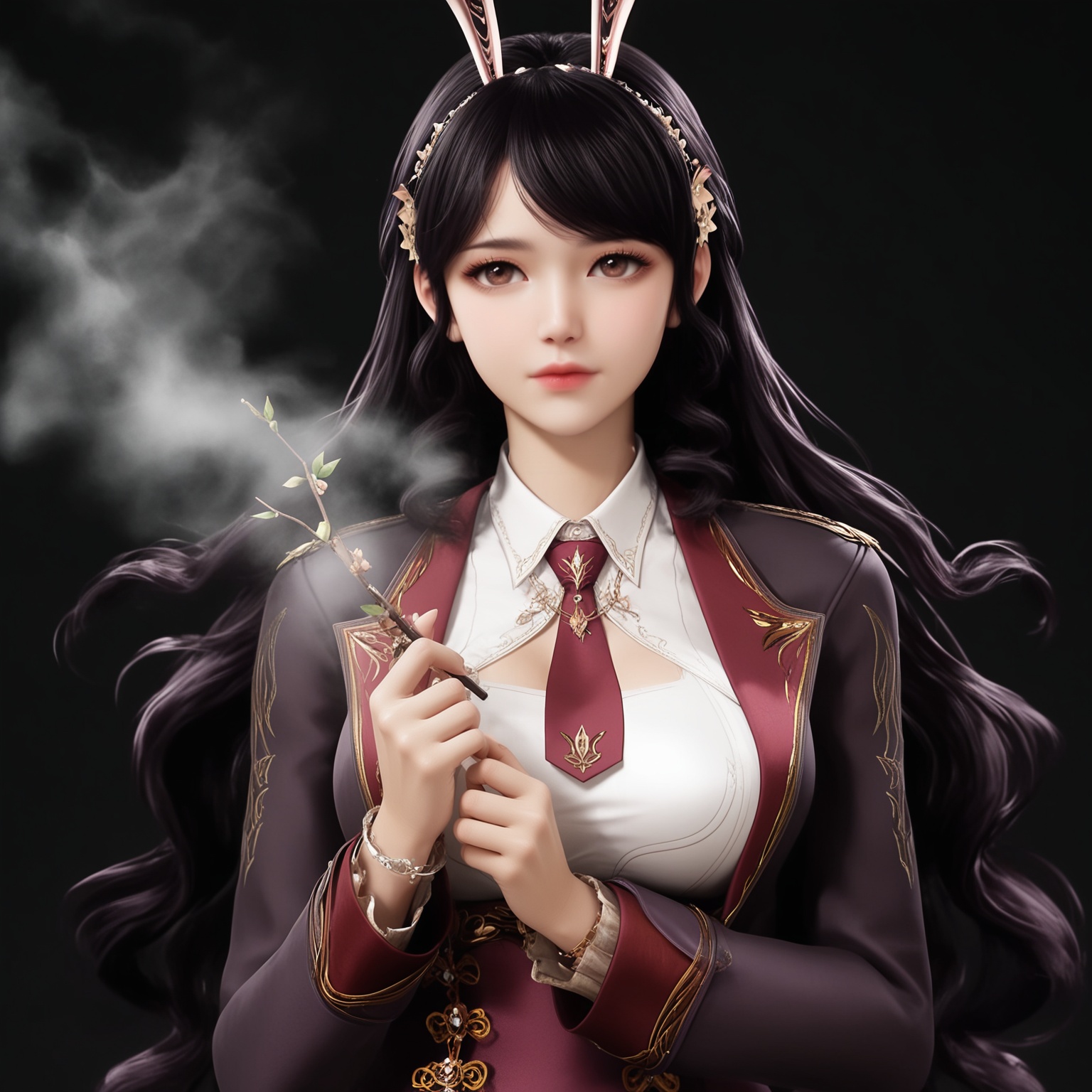 (score_9),masterpiece,best quality,absurdres,highres,BREAK(white_skin),<lora:江楠楠-ill:0.85>,1girl,solo,black hair,long hair,hair ornament,hair flower,brown eyes,jewelry,rabbit ears,fake animal ears,suit,collared_shirt,blazer,skirt_suit,necktie,collarbone,(large breasts),puffy chest,large breasts,looking at viewer,front view,upper body,BREAKsimple background,black background,Tyndall effect,fog,branch,twig,
