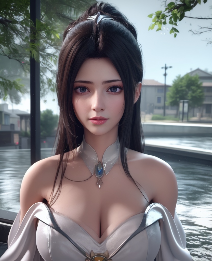 <lora:584-DA-星辰变-白灵:0.8>(,1girl, ,best quality, ),looking at viewer,masterpiece, (( , )),,ultra realistic 8k cg, ,      ,building, bare_shoulders,cleavage cutout, eyelashes,magic,hydrokinesis,sweat, wet, rain, ,       (cleavage), (),