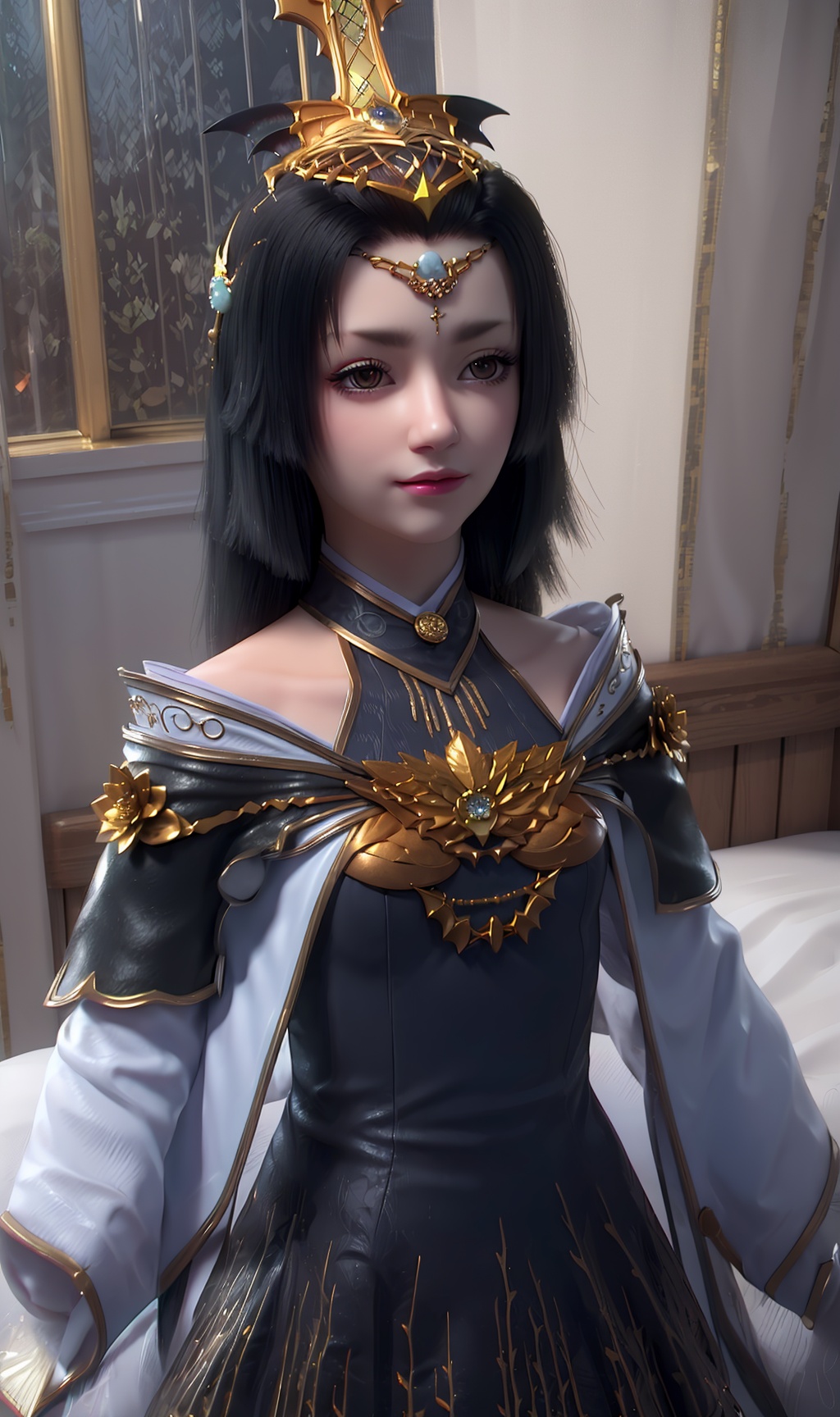 3D,masterpiece,(best quality),(makeup),official art, extremely detailed cg 8k wallpaper,((crystalstexture skin)), (extremely delicate and beautiful),(highly detailed),(face),(collar),(tiara),(crown),(headdress),(1girl), (solo), (jewelry), (earrings),(black_hair),(long_hair),(hair_ornament),(handwear),(small_breasts),((upper_body)),(dress),(shiny_clothes),(city,outdoor,bed),(multicolored_clothes),(multicolored_dress),,((looking_at_viewer)),((Facing the camera)),, <lora:hipoly3DModelLora_v10:0.3>