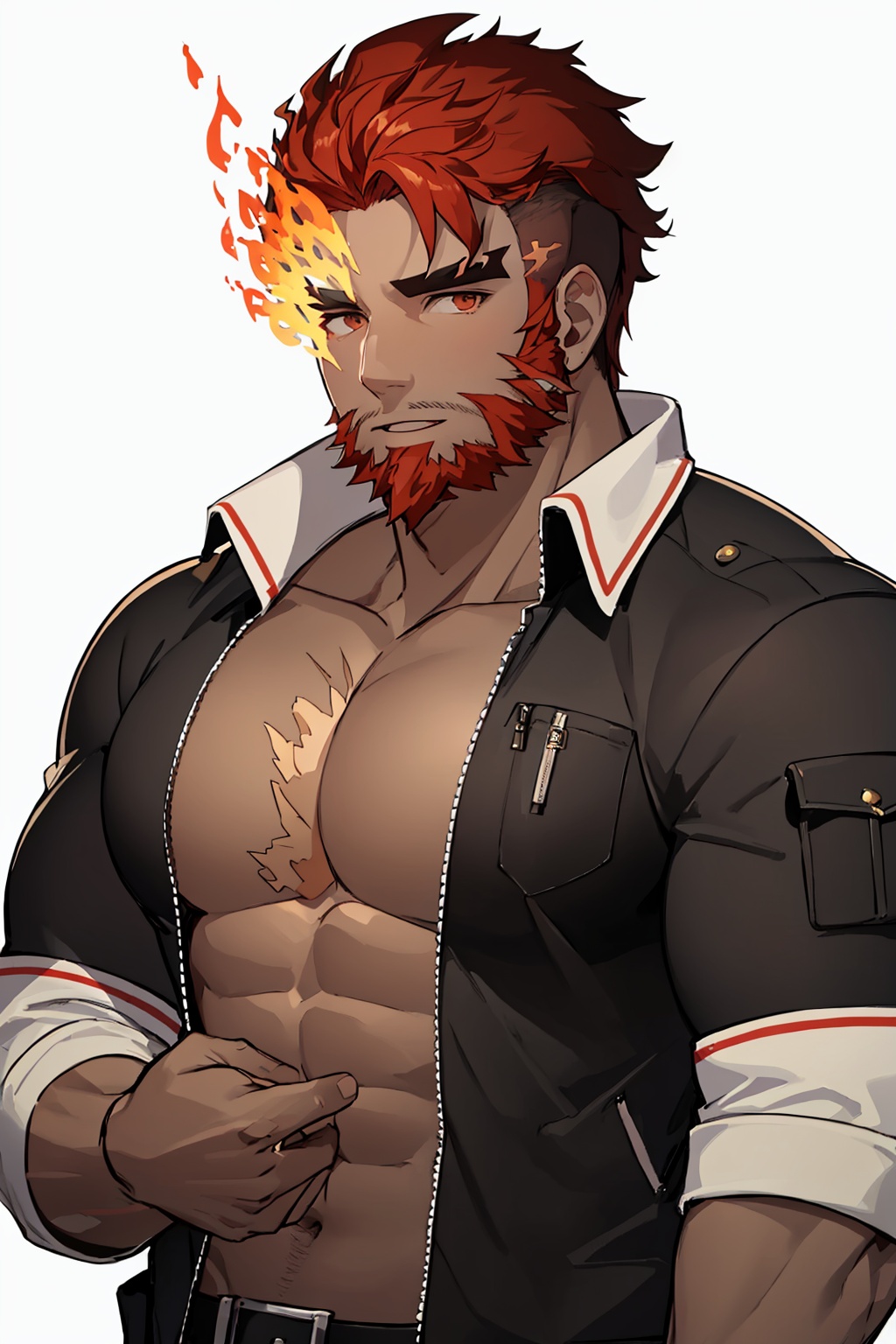 masterpiece,best quality, highly detailed, hephaestus (housamo),bara,mature male,beard,thick eyebrows,muscular male,eyebrow cut,1boy,solo,dark-skinned male,flaming eye,looking at viewer,upper body,large pectorals,<lora:hephaestus_(housamo):1>,simple background,white background