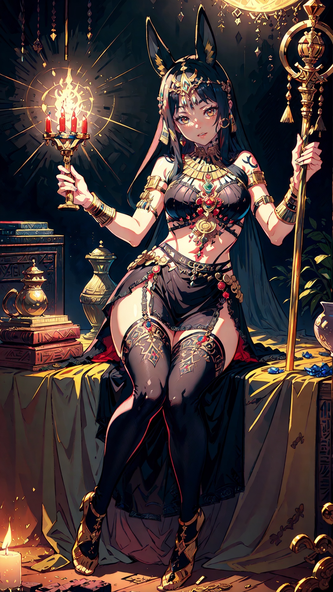 tutututu, breasts, medium breasts, see-through, underwear, lingerie, skirt,(masterpiece, top quality, best quality, official art, beautiful and aesthetic:1.3), (1girl:1.3), extreme detailed, colorful, highest detailed,((ultra-detailed)), (highly detailed CG illustration), ((an extremely delicate and beautiful)), cinematic light, petite, anubis attire, solo, (abstract art:1), full body, moon, night, ((ancient egyptian theme)), (anubis ears), pyramids, staff, (gold), golden ornaments, ((expressionless)), pharao, hierography, portrait, body tattoo, face tattoo, active pose, over head lighting, fangs, glowing eyes, sitting, relics, <lora:tutucs_v1:0.85>