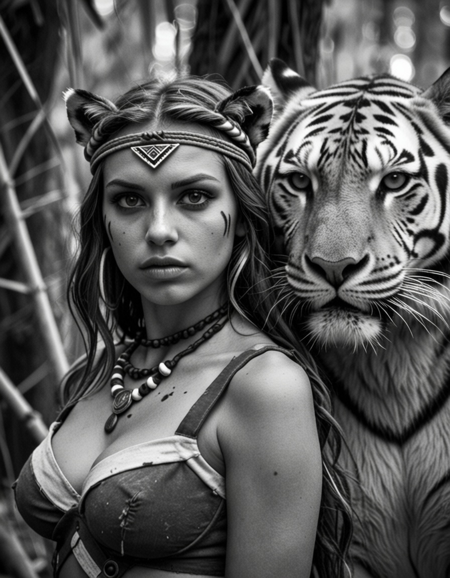 ehtrix,  a beautiful olive-skinned woman in barbarian clothes and a tiger in a jungle on Tensor.Art