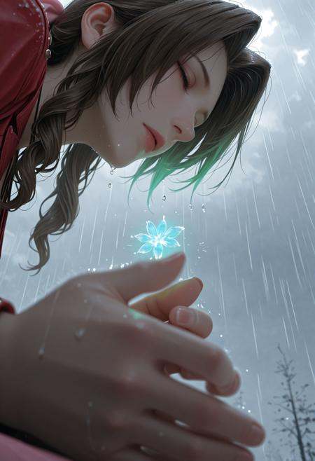 masterpiece, best quality, very aesthetic, amazing quality, absurdres, newest, scenery, HD, HDR, detailed background, sharp focus, (solo:1.05), (foreshortening:1.2), wide angle, from side, side view, depth of field, blurry foreground, straight posture, rain, grey cloud, low angle, low contrast, foggy, cold, cold weather, heavy rain, (water droplets, slow motion, time stop:1.1), surreal background, ethereal sky, cloudy sky, fantasy sky, dramatic lighting, cinematic look, reflection, realistic, anime screencap, anime coloring, clos_pers, close-up, perspective, masterpiece, very aesthetic, absurdres, water drop, masterpiece, best quality, amazing quality, very aesthetic, masterpiece, best quality, amazing quality, very aesthetic, detailed eyes, perfect eyes, realistic eyes, from below, aerith_gainsborough, green aura surrounding, blue ethereal, praying, intense focus, joined hands, closed eyes, kneeling down, raindrops, droplets,