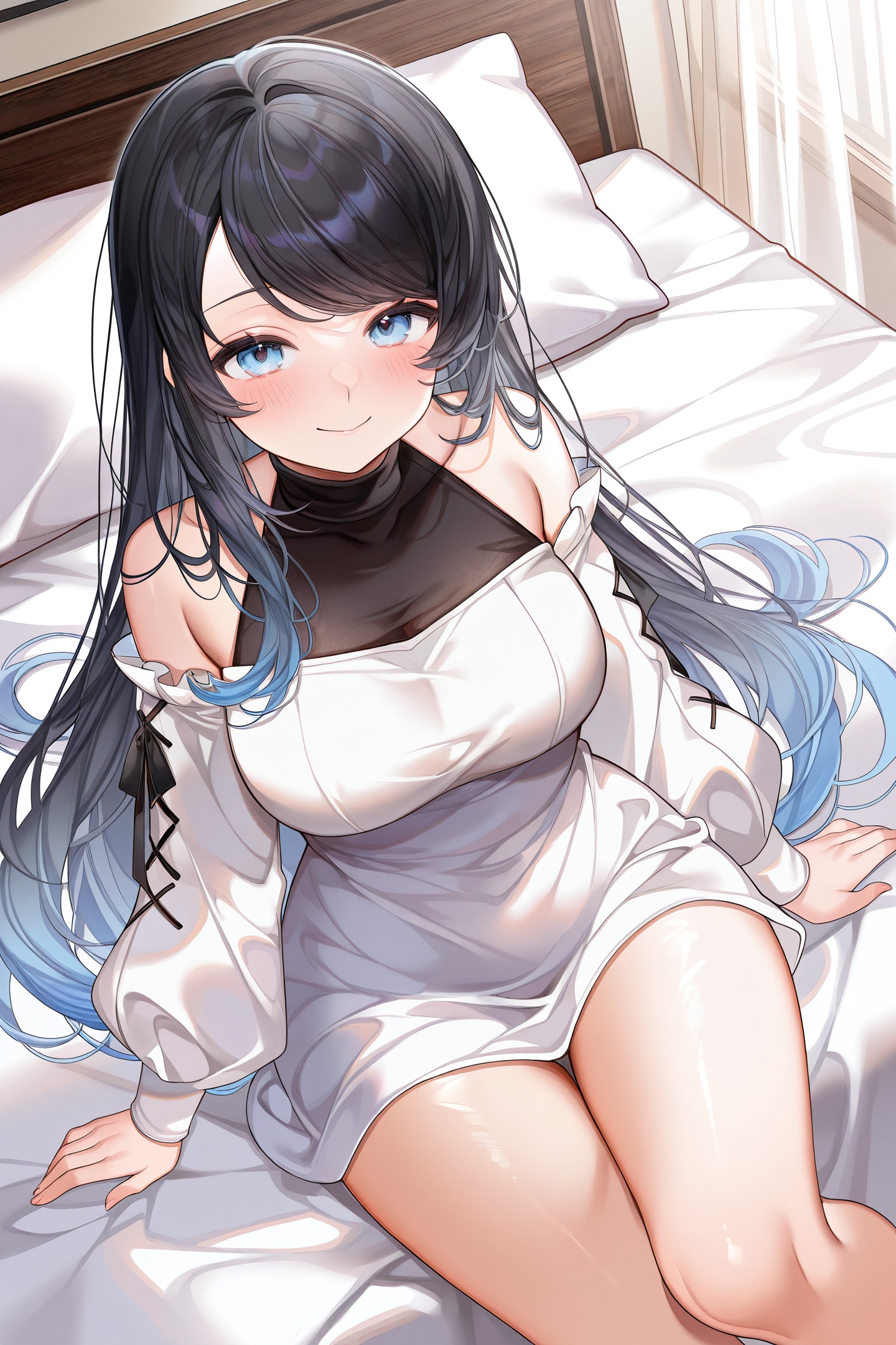 Machi Style,1girl,solo,blue eyes,smile,black hair,long hair,sitting,looking at viewer,dress,blush,off shoulder,on bed,bare shoulders,closed mouth,collarbone,white dress,long sleeves,breasts,swept bangs,multicolored hair,bed,thighs,bare legs,indoors,gradient hair,black turtleneck,from above,puffy sleeves,ribbon on sleeve,<lora:Machi_illustriousXL:1>,