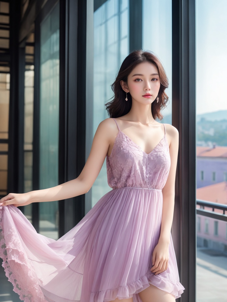 (fashion dynamic girl:1.3),(half-body photo:1.1),looking_at_viewer,delicate texture skin,(fashion clothing design:1.1),pink dress,soft sunlight,(lavender building:1.1),glass curtain wall background,, masterpiece:1,2), best quality, masterpiece, highres, perfect lighting