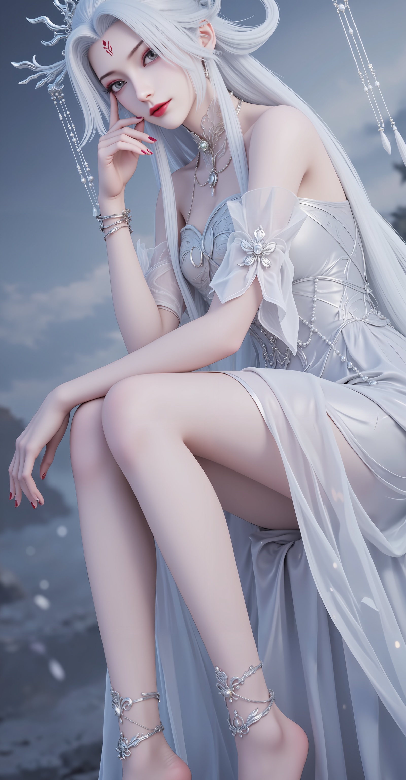 <lora:小白·新建模6:1>,xiaobai,1girl,solo,long hair,white hair,dress,facial mark,hair ornament,bare shoulders,forehead mark,white dress,red lips,detached sleeves,hair rings,makeup,looking at viewer,hair stick,grey eyes,1girl,toenail polish,barefoot,toenails,nail polish,anklet,feet,solo,dress,toes,jewelry,silver dress,legs,blurry,blurry background,foot focus,red nails,close-up,11,cover,gradient background,close-up details,outstanding style,adding a touch of dimension to your images without compromising details,close-up,<lora:DJ滤镜_2.5D版:0.3>,lvjing,<lora:绚丽多彩·10:0.4>,guoman,