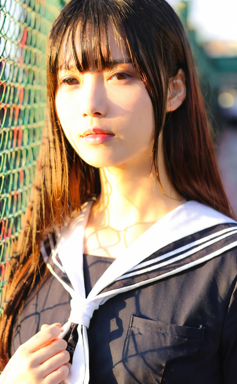 mugglelight, an asian woman in a sailor's outfit standing in front of a fence, 1girl, solo, school uniform, brown hair, serafuku, brown eyes, long hair, upper body, sunlight, black serafuku, neckerchief, blinds, sailor collar, bangs,