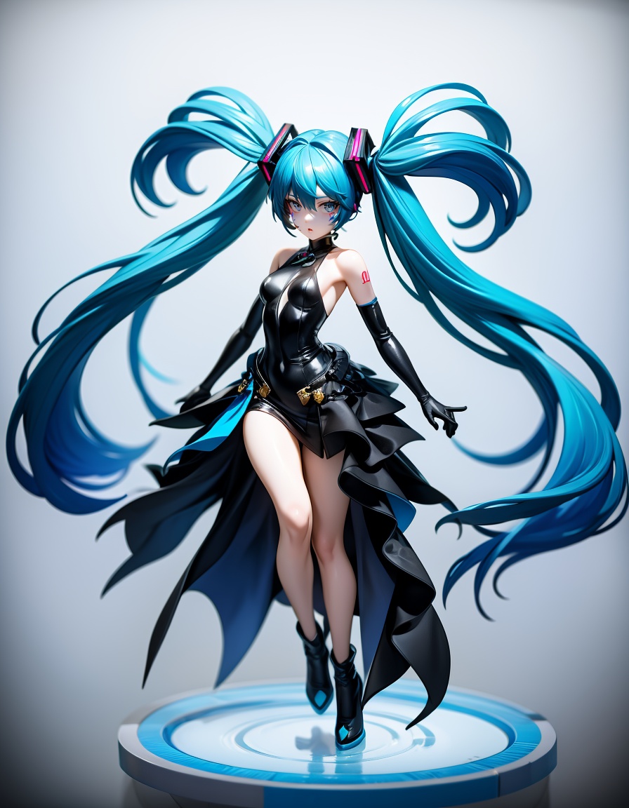 1girl, solo, long hair, hatsune miku, twintails, very long hair, dress, blue hair, gloves, full body, blue eyes, floating, looking at viewer, hair ornament, sleeveless, black gloves, multicolored hair, facial mark, sleeveless dress, flower, parted lips, absurdly long hair, elbow gloves, white dress, hair between eyes, bare shoulders,abstract background, energy , blue blue theme, universe, cowboy shot, ,masterpiece,best quality,amazing quality,