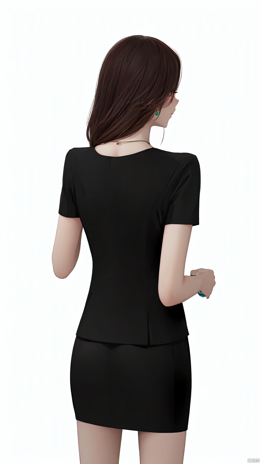 1girl, solo, long hair,Moderate breasts, looking at viewer, skirt, brown hair, shirt, white background, brown eyes,closed mouth, standing, collarbone, jacket, white shirt, short sleeves, earrings, black skirt, necklace, bracelet, black jacket, pencil skirt, Black suit, office lady,White Bra——Clear hand contour,Hand intact,Five fingers of the hand are clear, loli, ((poakl))