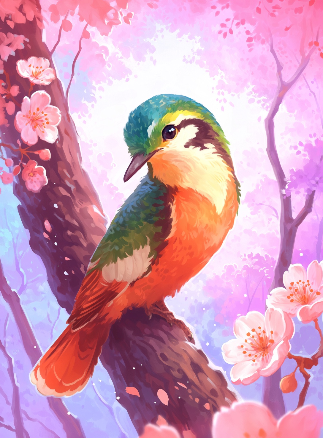 @himmis,  A stunning solo portrait of a majestic feral bird creature standing amidst cherry blossom trees in a forest,  mu...