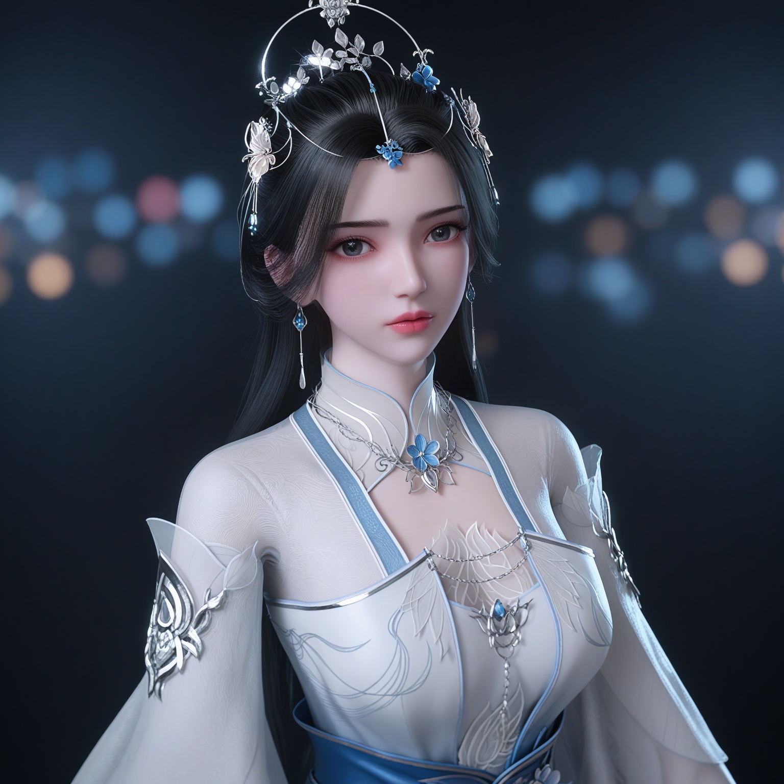 (upper_body:1.1),(huge breasts:0.9),82.<lora:YQponylimuwan2V4:0.8>,(q1528437228:1.1),solo,1girl,black_hair,hair_ornament,long_hair,jewelry,dress,earrings,white_dress,sash,long_sleeves,chinese_clothes,hair_bun,tiara,veil,bracelet,flower,clothing_cutout,see-through,ponytail,see-through_sleeves,single_hair_bun,blue_dress,blue_footwear,,blush,(looking_at_viewer:1.1),BREAKintricate details,shiny_skin,solo focus,(blurry background:1.1),(depth of field:1.1),perfect_anatomy,(cinematic lighting:0.9),(volumetric lighting:0.9),(simple background,pure black background,black background:1.1),