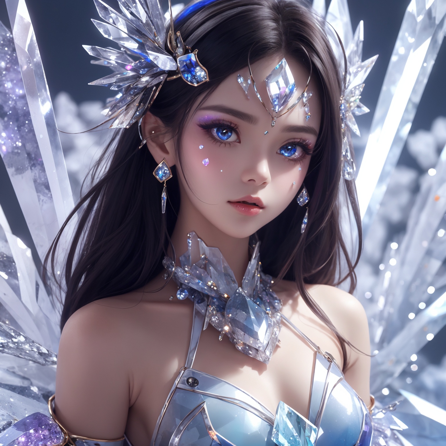 masterpiece,best quality,masterpiece,best quality,official art,extremely detailed CG unity 16k wallpaper,masterpiece,((1girl)),(science fiction:1.1),(ultra-detailed crystallization:1.5),(crystallizing girl:1.5),kaleidoscope,((iridescent:1.5) long hair),(glittering silver eyes),sitting,surrounded by colorful crystals,blue skin,(skin fusion with crystal:1.8),looking up,face focus,simple dress,transparent crystals,flat dark background,lens flare,prism,