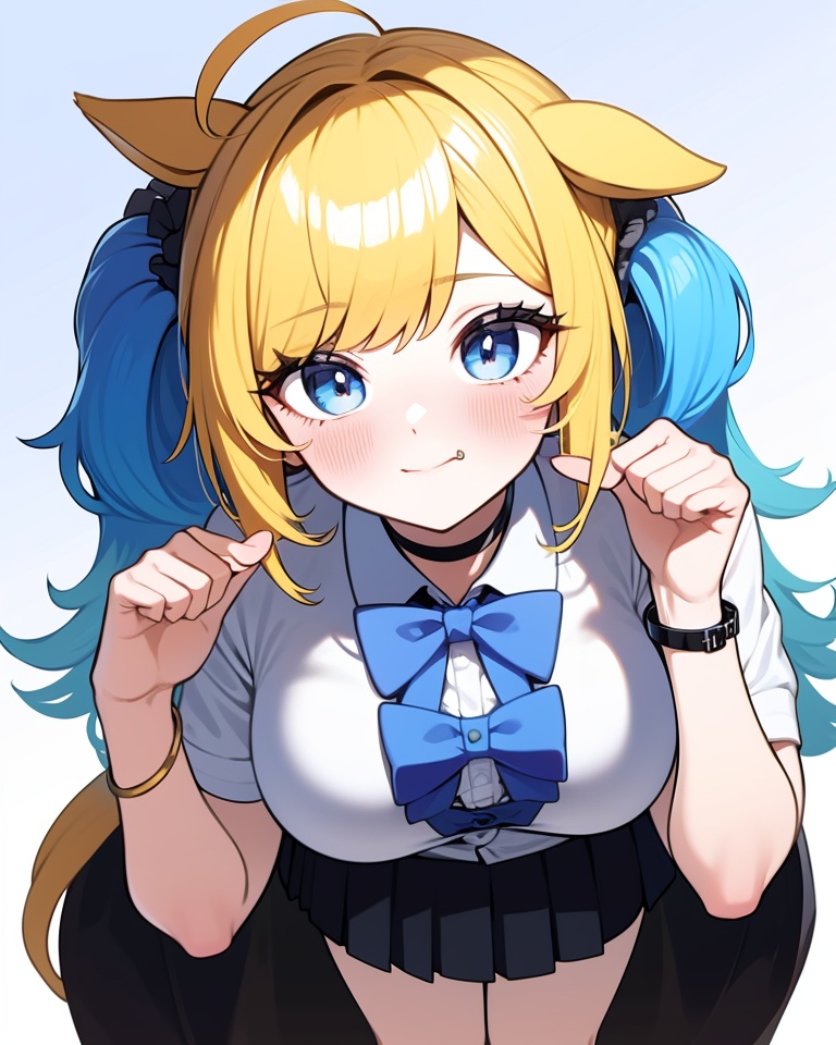 1girl, solo, blonde hair, horse ears, gyaru, horse girl, horse tail, tail, multicolored hair, animal ears, skirt, ahoge, blue eyes, hair ornament, clothes around waist, looking at viewer, scrunchie, long hair, shirt, v, colored inner hair, bracelet, bowtie, white shirt, blue hair, pleated skirt, jewelry, alternate costume, bow, two-tone hair, breasts, kogal, black skirt, choker, blush, black bowtie, cardigan around waist, collared shirt, school uniform, socks