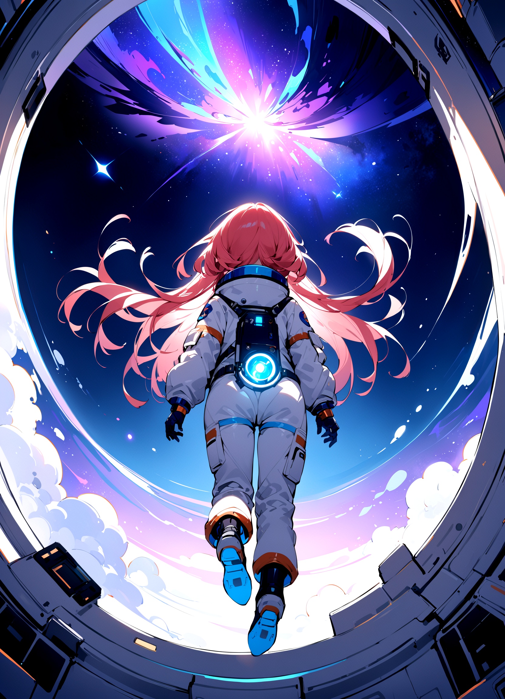 masterpiece,best quality,Cell shaded illustration. Petite female astronaut with very long glowing light red hair,hair floating in zero gravity,(floating in space station),blue and violet nebula,electric blue glowing swirl tattoos,glowing,from below,from back,back to the camera,look away,(space suits),(floating in air),****