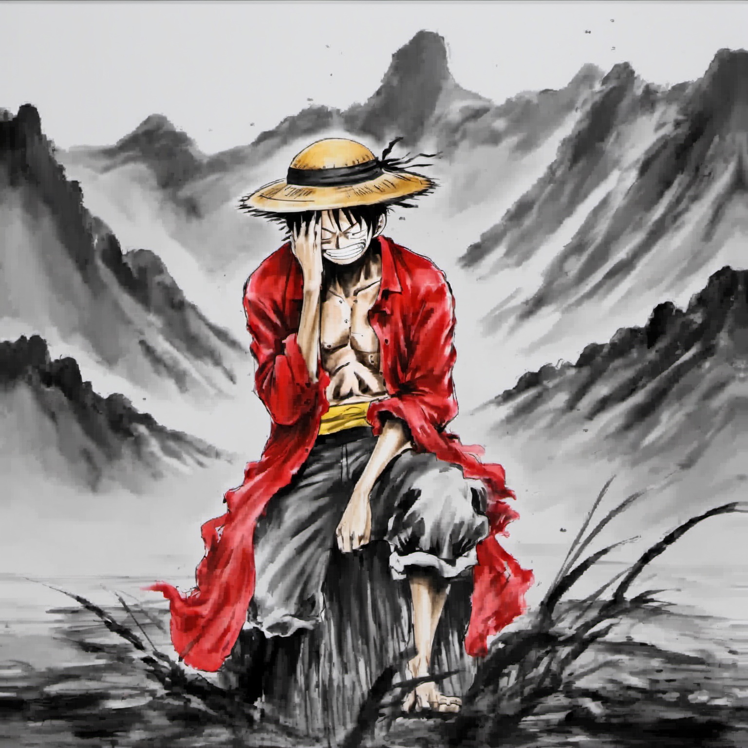 <lora:ink_xiakexing_xl_v1:0.8>,tree,mountains,ink painting,a drawing of luffy crouched with his hand holding onto the straw hat,the straw hat covers the face,cry,front view,red coat,yellow straw hat,