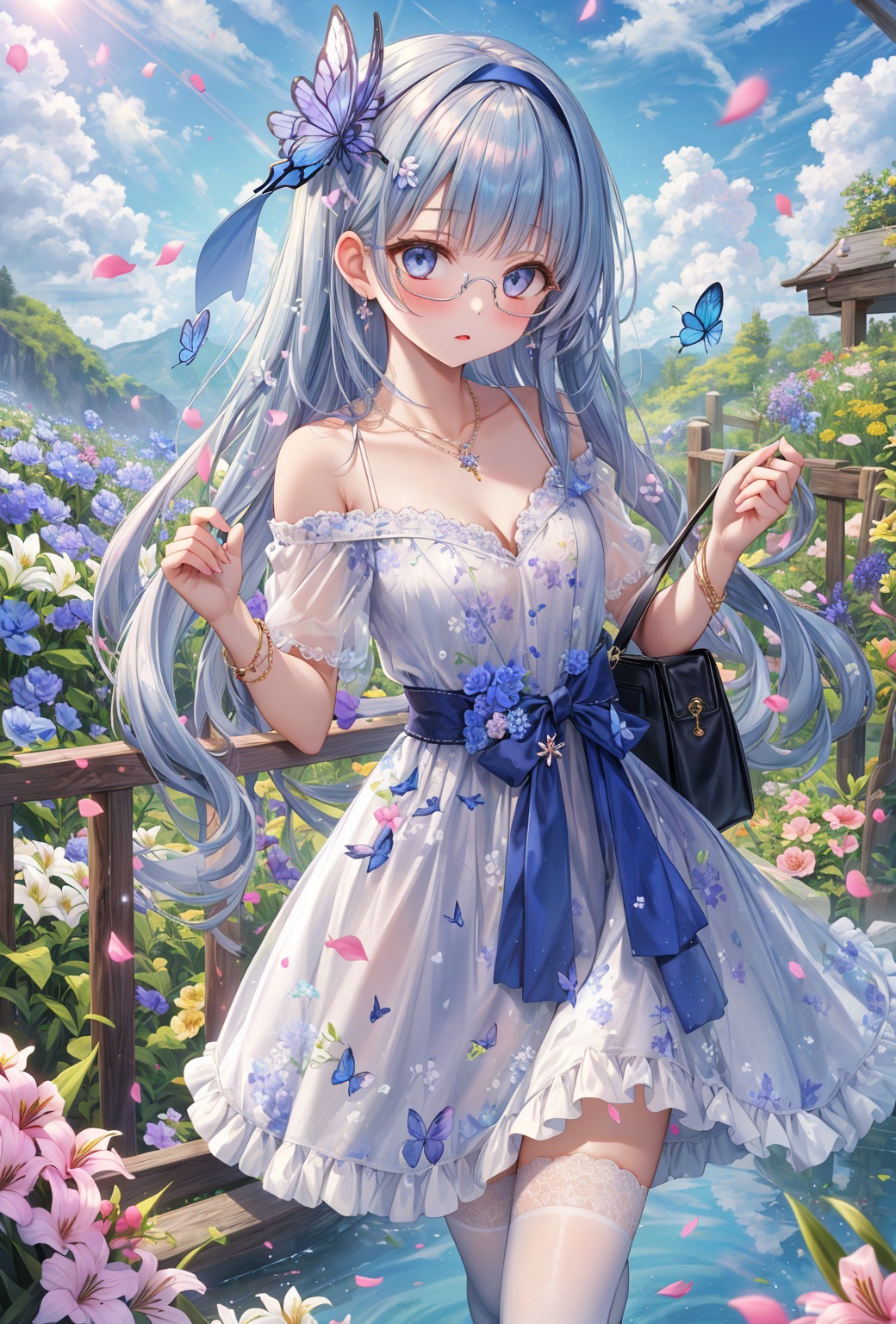 masterpiece,best quality,absurdres,1girl,beautiful detailed girl,fine and beautiful detailed skin,frilled skirt,microskirt,high heels,flower necklace,cleavage,perky breasts,unbuttoned clothes,thighhighs,butterfly_hair_ornament,hair_tie,collarbone,blue bow,lace-trimmed hairband,head on chest bow,extremely detailed beautiful background,CG,8K wallpaper,floral background,blue flower,petals,nature,flowers meadows,(rimless_eyewear:1.1),long hair,flower sea,clear sky,blue sky,wooden fence,(waist bow:1.2),(shoulder bag:1.1),see-through,flower field,lily (flower),Many flowers,Small_stream,ray tracing,reflection light,<lora:连衣裙torino_aqua:0.4>,<lora:童话核心fairycore:0.2>,