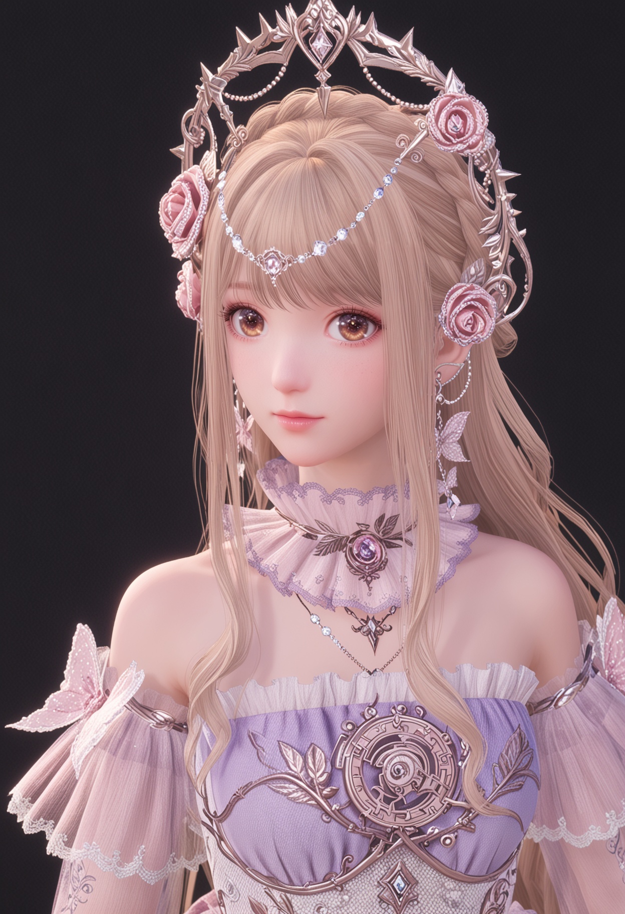 (perfect_anatomy:1.1),(upper_body:1.2),<lora:YQponynuannuan6V4:0.8>,q1528437228,solo,1girl,long hair,blonde hair,dress,flower,hair ornament,hair flower,jewelry,bare shoulders,brown eyes,braid,earrings,purple dress,very long hair,rose,high heels,detached sleeves,pink flower,brown hair,pink rose,shoes,gem,tiara,bug,bow,crown,pantyhose,(looking_at_viewer:1.2),perfect_anatomy BREAK perfect_anatomy,(score_9:1.2),(simple background,pure black background,black background:1.3),perfect_anatomy,