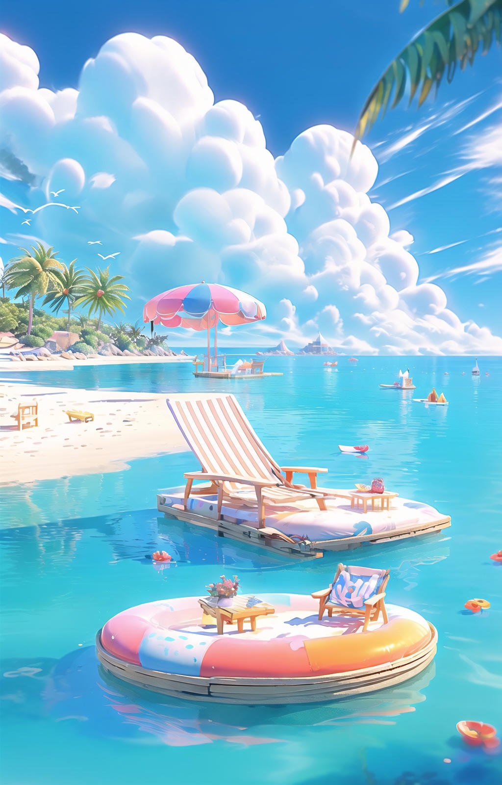 xiarshat,outdoors,day,cloud,sky,tree,palm tree,scenery,beach,no humans,flower,ball,umbrella,beachball,boat,water,bird,blue sky,ocean,beach umbrella,watercraft,<lora:xiarshat:1>,
