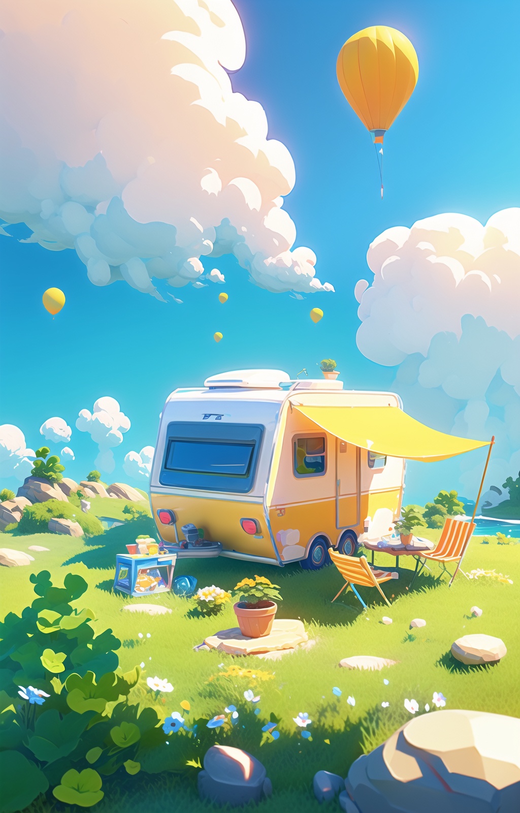 lvying1, no humans, grass, cloud, flower, balloon, sky, scenery, outdoors, plant, rock, ground vehicle, day, bucket, blue flower, potted plant,<lora:vying1-000020:1>,