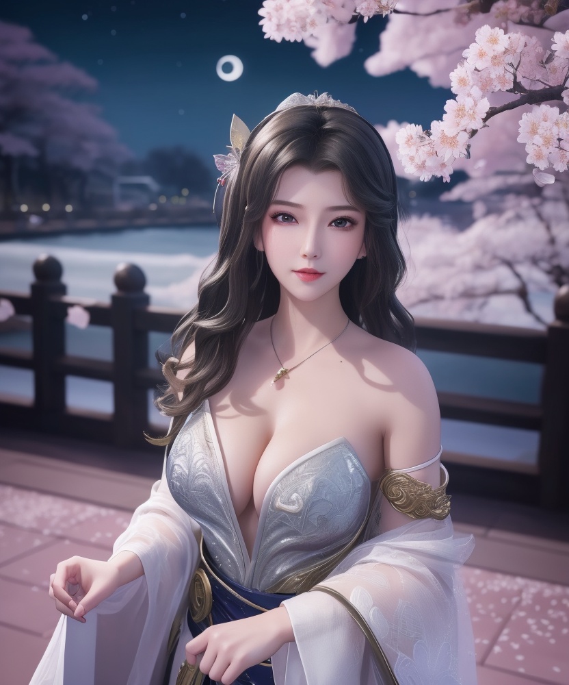<lora:542-DA-万界至尊-青雉:0.8>(,1girl, ,best quality, ),looking at viewer,masterpiece,(( , )),, realistic,science fiction,mole,,ultra realistic 8k cg,     ,cherry blossoms,,night, night sky, crescent moon, moonlight,,(facing viewer, looking at viewer, , ),  (cleavage), (),