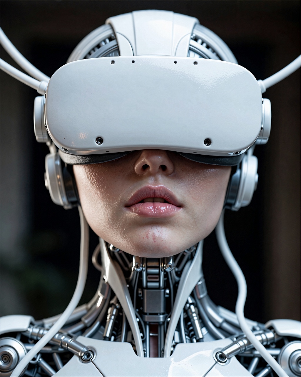 A hyperrealistic close-up portrait of a human-like female figure whose face is partially obscured by a sleek,  matte-white...