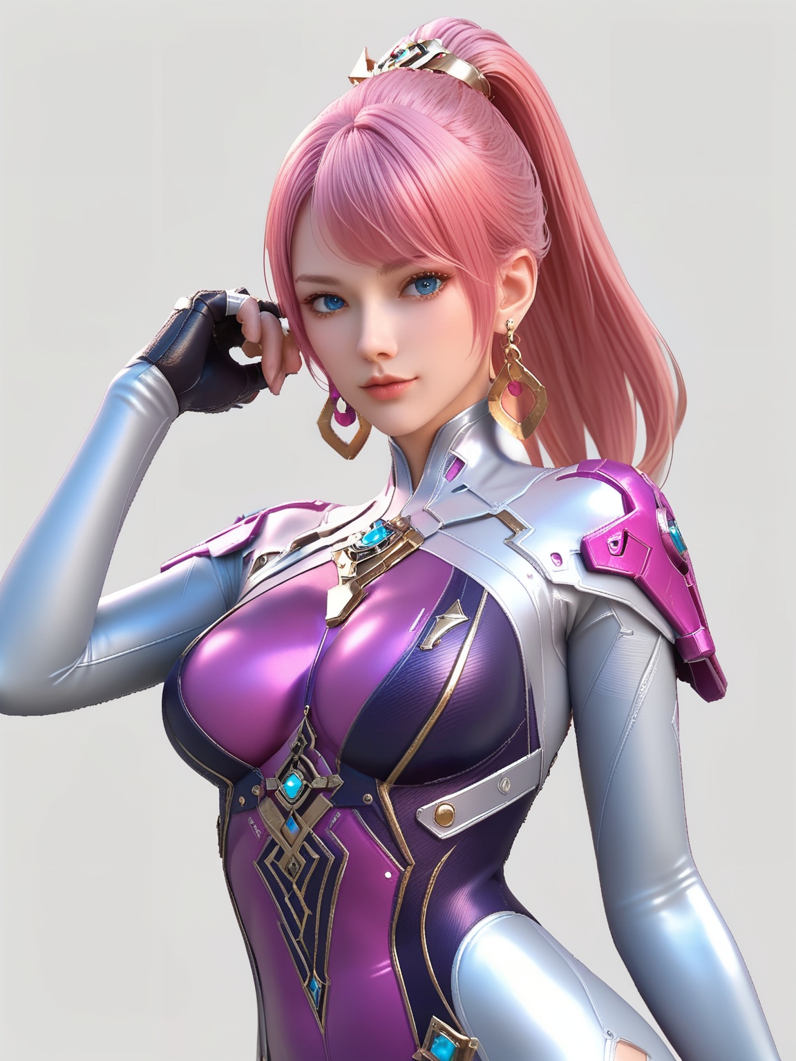 score_9,score_8_up,score_7_up,1girl, solo, bodysuit, earrings, ponytail, blue eyes, jewelry, pink hair, gloves, fingerless gloves, looking at viewer, breasts, cowboy shot, transparent background, long hair,<lora:bulianshiCFZ THV3:0.8>,