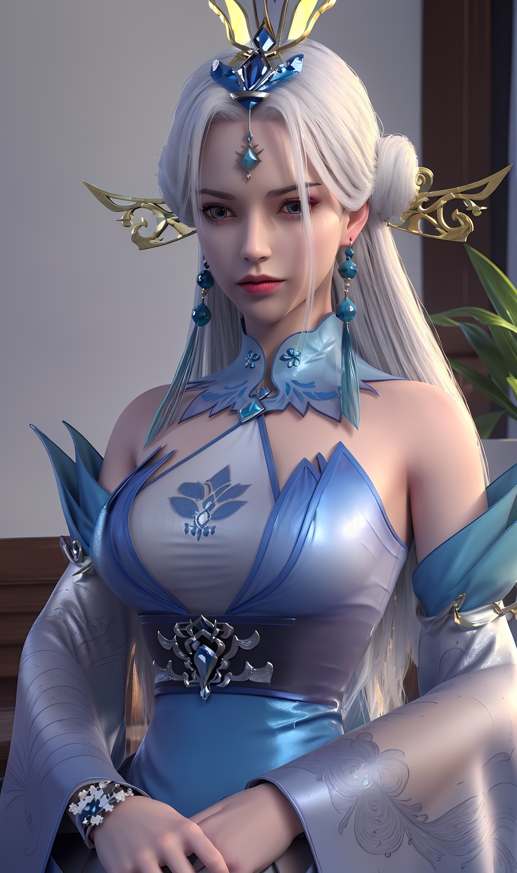 3D,masterpiece,(best quality),(makeup),official art, extremely detailed cg 8k wallpaper,((crystalstexture skin)), (extremely delicate and beautiful),(highly detailed),(face),(collar),tassel,,(wide_sleeves),,(tiara),(ribbon),(headpiece),(1girl), (solo), (jewelry), (earrings),(white_hair),(long_hair),(hair_ornament),(handwear),(breasts),((upper_body)),(off-shoulder_dress),(closed_mouth),(chinese_clothes),(dress),,(multicolored_clothes),(multicolored_dress),(shiny_clothes),(city,indoor,bed),,((looking_at_viewer)),((Facing the camera)),, <lora:hipoly3DModelLora_v10:0.3>