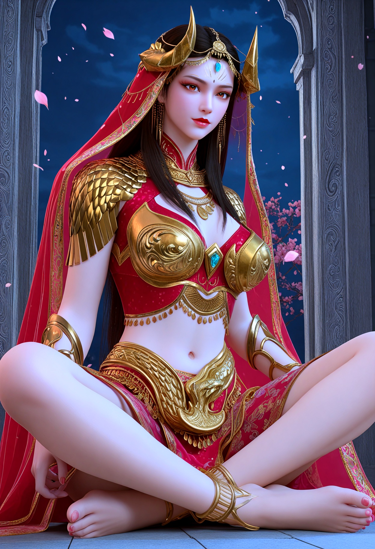 upper_body,(gigantic breasts:0.6),(slender:1.3),(looking_at_viewer:1.1),(masterpiece:1.1),(best quality:1.2),(intricate details),(smog:1.3),(Dark room:1.3),(dim lighting:1.3),peach blossom,falling petals,<lora:YQ_Illustrious光辉v5_慕芊芊_V2:0.8>,q1528437228,solo,1girl,jewelry,long_hair,veil,black_hair,armor,midriff,brown_hair,hair_ornament,cleavage,earrings,skirt,headdress,horns,forehead_jewel,gem,barefoot,long_skirt,facial_mark,bracelet,forehead_mark,necklace,anklet,cape,arabian_clothes,bracer,cleavage_cutout,clothing_cutout,red_skirt,see-through,shoulder_armor,circlet,red_dress,piercing,barefoot_sandals,green_hair,indian_style,masterpiece,(best quality),(intricate details:0.9) BREAK (intricate details:0.9),(realistic skin:1.2),masterpiece,best quality,newest,absurdres,hiahres,