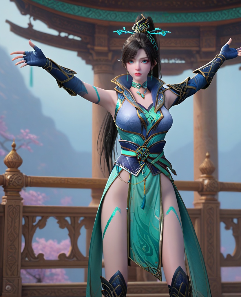 (oriental architecture, elegant decor, sophisticated style:1.1),(Balancing on a fence or railing, arms outstretched, showcasing confidence and fearlessness,:1.1),looking at viewer,(breasts:1.2),<lora:XL16斗破苍穹青鳞:0.95>,miss qinglin,blue gray jacket,cyan camisole,blue eyes,black hair,super long ponytail,hair ornament,earrings,jewelry,choker,spiral sigil,fingerless gloves,sash,blue gray cutout legging,black boots,cyan fart curtain,cyan pelvic curtain,, score_9,score_8_up,score_7_up,score_6_up,score_5_up,score_4_up,3d rendering,tag1,tag2, Cinematic Lighting,backlighting,, zPDXL3, zPDXL2,zPDXL, zPDXLxxx, zPDXLrl,