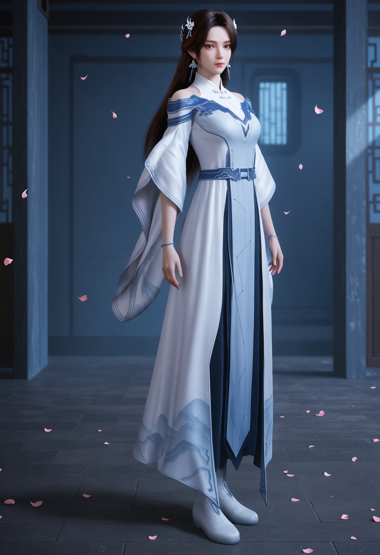 (standing full_body:1.1),(looking at viewer:1.1),masterpiece,(best quality),smog,Dark room,dim lighting,peach blossom,falling petals,<lora:YQ_Illustrious光辉v5_李小曼_V1:0.8>,q1528437228,1girl,solo,jewelry,dress,long hair,hair ornament,earrings,white dress,black hair,bracelet,brown hair,chinese clothes,white footwear,long sleeves,brown eyes,boots,blue eyes,wide sleeves,blue dress,grey footwear,hair flower,shoes,