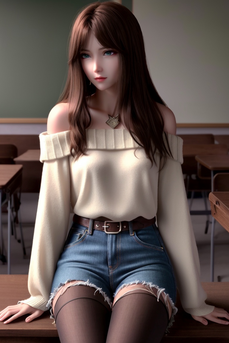 ((HRD, HUD, 8K)),((masterpiece, best quality)), highly detailed, soft light,1girl, solo, brown hair, long hair, green eyes, lips, (off-shoulder sweater:1.2), denim shorts, black pantyhose, blurry background, classroom, chalkboard, sitting, cowboy shot, looking at viewer, <lora:20240402-1712019493265:0.7>