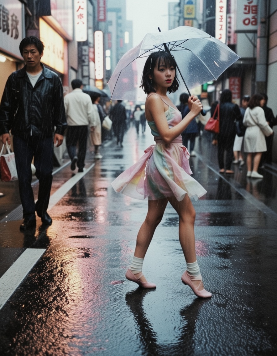 a girl dancing in shinjuku streets under the rain with a dress outfit,  eh80retrofilms on Tensor.Art