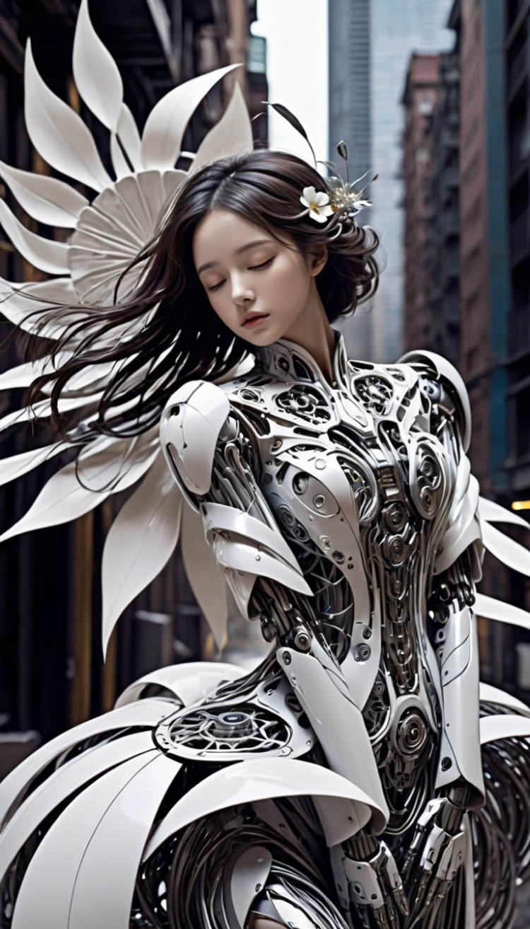 (stylish_pose:1.1),future technologies,bailing_robot,robot,robotics,machine_robo,A metal robot with delicate mechanical patterns,Partial texture of a metal robot,monochrome,solo,weapon,Matte Metal,(wings:0.6),wire,hpflower,(ink art, ink illustration, ink, rough:1.3),(flowing lines),dreaming,dreams,sleeping,eyes closed,floating,(hair flowing into ink:0.8),swirling ink,highly detailed background,((abstract)),(1girl:0.5),city,(cityscape:1.4),street,(white:1.1),rags,bailing_matte,flower,advanced gray series,