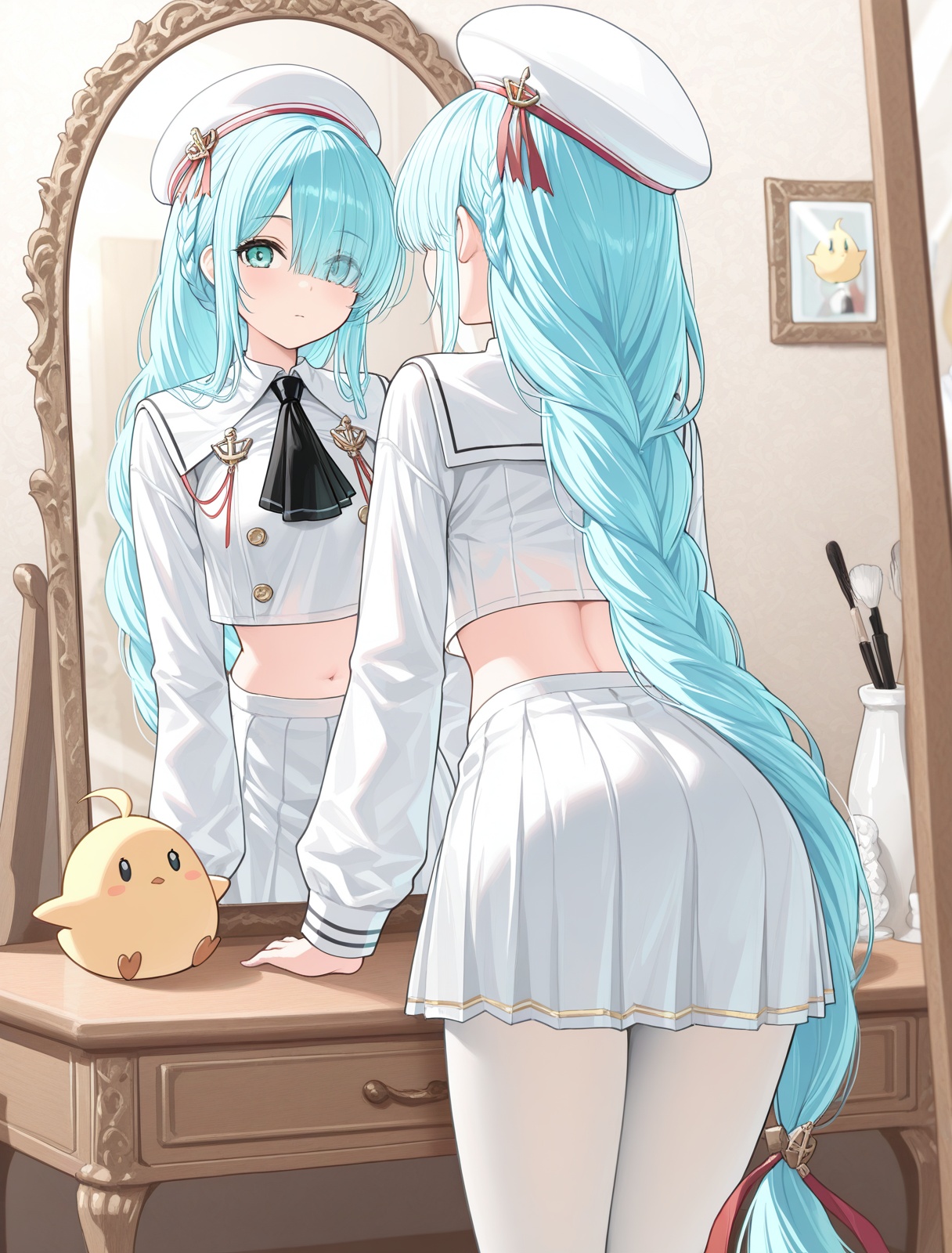 <lora:janus_IL_v1.0:1>,janus \(fear of changing...clothes\) \(azur lane\),mirror,manjuu \(azur lane\),from behind,looking at viewer,solo focus,different reflection,, masterpiece,best quality,