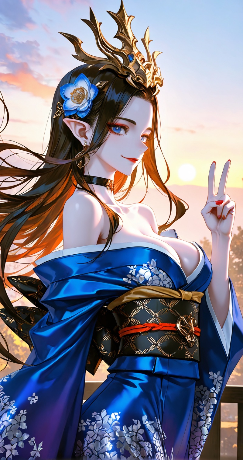 <lora:美杜莎-0.0819:0.7>,meidusha,1girl,pointy ears,solo,long hair,earrings,jewelry,black hair,crown,hair ornament,looking at viewer,brown hair,blue eyes,red lips,makeup,1girl,breasts,solo,japanese clothes,kimono,smile,v,hair ornament,choker,large breasts,flower,looking at viewer,hair flower,wide sleeves,sash,earrings,blue kimono,jewelry,obi,floral print,from side,sideboob,bare shoulders,black choker,off shoulder,long sleeves,alternate costume,close-up details,outstanding style,adding a touch of dimension to your images without compromising details,whirls of vapor,iridescent textures,(Anime:1.1),ethereal ambiance,delicate details,magical high-concept,32K UHD,sharp focus,best-quality,masterpiece,golden hour,unconventional supreme masterpiece,masterful details,temperate atmosphere,with a high-end texture,in the style of fashion photography,photography,cover,dynamic angle,dynamic posture,(artist:quasarcake:0.8),extreme aesthetic,(wlop:0.6),(honjou raita, lack, rella:0.5, wanke),masterpiece,best quality,good quality,very aesthetic,absurdres,visual impact,a shot with tension,ultra-high resolution,32K UHD,sharp focus,best-quality,masterpiece,emotionalization,unconventional supreme masterpiece,masterful details,temperate atmosphere,with a high-end texture,in the style of fashion photography,(visual impact:1.2),giving the poster a dynamic and visually striking appearance,impactful picture,official art,colorful,splash of color,movie perspective,masterpiece,best quality,amazing quality,very aesthetic,absurdres,best quality,newest,