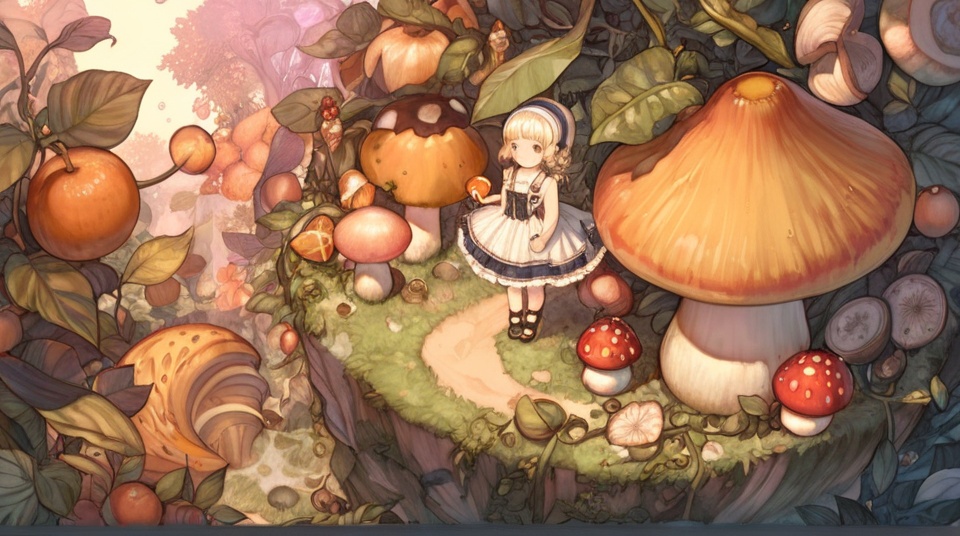 (best quality), ((masterpiece)), (highres), illustration, original, extremely detailed, <lora:NO Name Art:0.7>1girl, fruit, mushroom, food, plant, orange \(fruit\), scenery, leaf, vines, tree