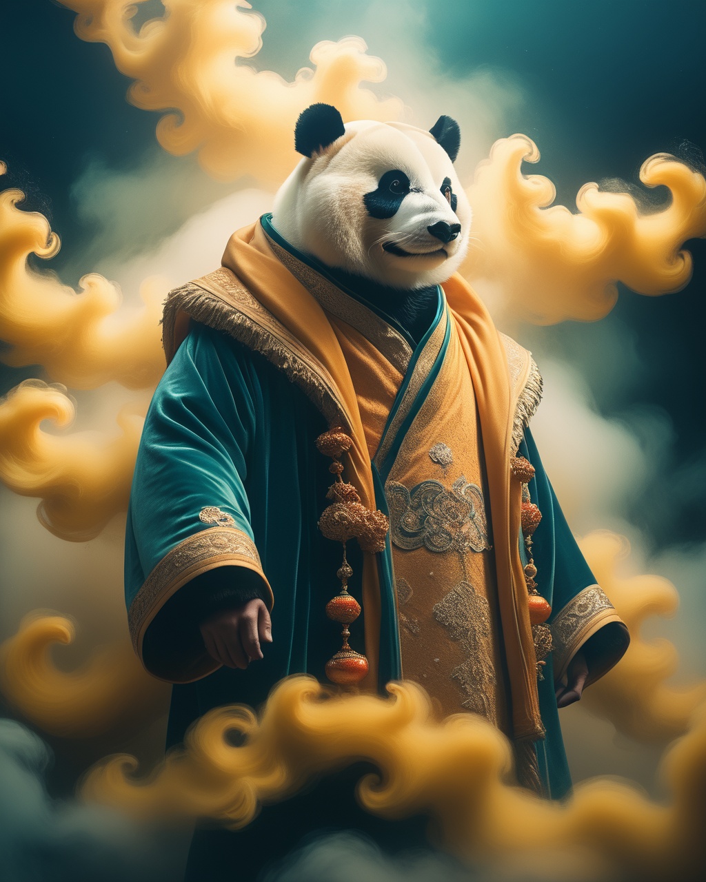 Googie Art Style, (cinematic still  Giant Panda 大熊猫Endearing bears with black and white fur known for their love of bamboo inhabiting mountainous regions in China:1.9),(male:0.9),(Knolling Photography:0.7),(muscular male:1.1),super detail,(glass shiny (textured skin):0.3),high details,(back:0.1),(burly:0.1),(magic:1.1),(well defined:1.2),(clothing:1.3),<lora:XL_LORA_DetailedEyes_V3:0.9>,(cloud and fog:0.4),(close-up:0.8),(upper_body:0.5),(portrait:0.9),(dim:0.2),(vibrant energy:0.4),(fullbody:0.3),<lora:SDXL手绘神秘风塔罗牌_v1.0:0.4>,(true style:1.5),(masterpiece:0.8),(analog:0.5),(old photo:0.4),(old fade polaroid:0.4),(furry:0.6),(dynamic:0.5),(dramatic:0.4),(Luminsm:0.8),(Non-Fiction:0.8),(optical illusion:0.8),(impression of movement:0.8),(traditional dress:0.4),<lora:dongdongXL0101FANT8Kdep:0.4>,<lora:Love_is_in_the_air_SDXL:0.2>,(dynamic posture:0.2),(muscular:0.8),(black myth:0.5),(diablo fantasy:0.6),(dark atmosphere:0.8),<lora:XL_Erleiye_lora:0.5>,. emotional,harmonious,vignette,highly detailed,high budget,bokeh,cinemascope,moody,epic,gorgeous,film grain,grainy,<lora:SDXL描金国潮：中国神话_v1.0:0.3>,(darkness:0.8),, dynamic, dramatic, 1950's futurism, bold boomerang angles, Googie art style