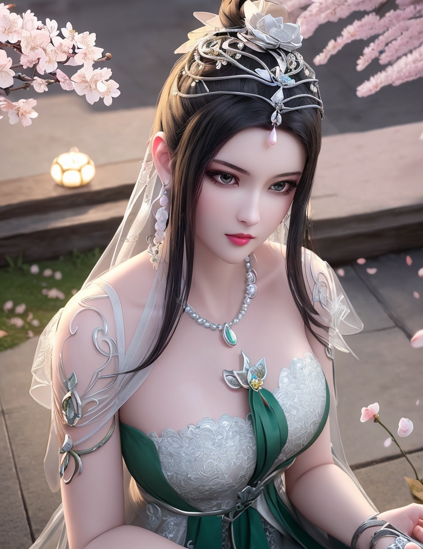 ultra realistic 8k cg, picture-perfect face, flawless, clean, masterpiece, professional artwork, famous artwork, cinematic lighting, cinematic bloom, perfect face, beautiful face, fantasy, dreamlike, unreal, science fiction,   lace, lace trim, lace-trimmed legwear,  (rich:1.4), prestige, luxury, jewelry, diamond, gold, pearl, gem, sapphire, ruby, emerald, intricate detail, delicate pattern, charming, alluring, seductive, erotic, enchanting, hair ornament, necklace, earrings, bracelet, armlet,halo((,1girl, pov,))  , ((((1girl, solo, ,cherry blossoms,outdoors, ))))<lora:DA_LinQingZhu:0.7>