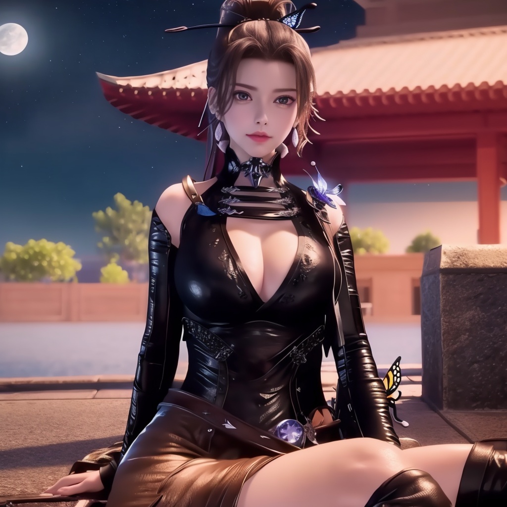 <lora:万界至尊-李雪衣-皮衣:0.8>, (,1girl, ,best quality, ),looking at viewer,  ,ultra realistic 8k cg, ,masterpiece, (( , )),,  fiction,mole, , ,      ,, 1girl,butterfly sitting,  night, star_\(sky\)(cleavage),,
