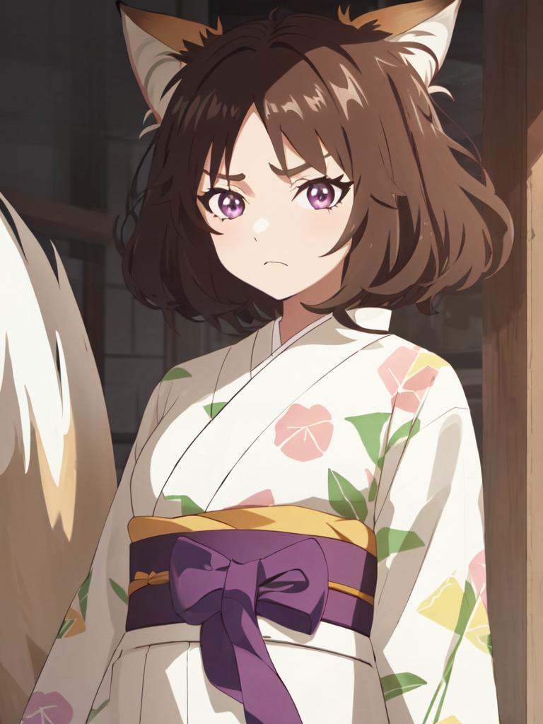 kawaii donkitsune 1girl with small fox ears huge blight brown hair,  wide mushroom cut medium hair symmetrical bangs,  (bi...